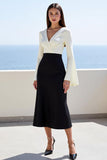 Robe longue de travail à manches évasées en satin ivoire et noir