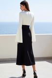 Robe longue de travail à manches évasées en satin ivoire et noir
