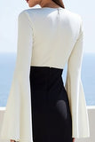 Robe longue de travail à manches évasées en satin ivoire et noir