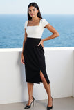 Robe de travail moulante en satin ivoire et noir avec fente