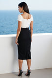Robe de travail moulante en satin ivoire et noir avec fente