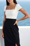 Robe de travail moulante en satin ivoire et noir avec fente