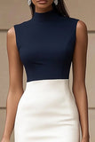 Robe de travail courte moulante à col haut en satin bleu marine et ivoire