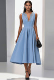 Robe de travail longue en satin gris bleu corbeil trapèze