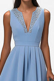Robe de travail longue en satin gris bleu corbeil trapèze