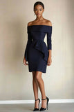 Robe de travail courte en satin marine à épaules dénudées