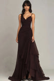 Robe formelle à volants à bretelles spaghetti marron foncé