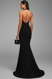 Sirène Robe longue formelle en satin dos nu noir avec fente