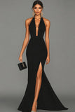 Sirène Robe longue formelle en satin dos nu noir avec fente