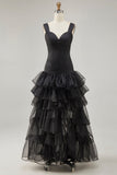 Robe formelle noire à volants en organza