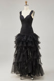 Robe formelle noire à volants en organza