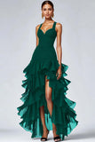 Robe formelle trapèze haut-bas en organza noir avec fente à volants