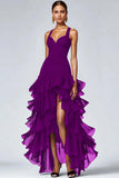 Robe formelle trapèze haut-bas en organza noir avec fente à volants