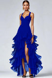 Robe formelle trapèze haut-bas en organza noir avec fente à volants