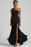 Robe formelle sirène à une épaule en mousseline de soie noire avec fente