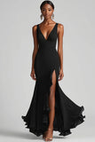 Robe formelle sirène à volants à col en V noir avec fente