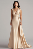 Robe longue formelle à col en V champagne avec banderole latérale