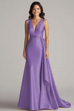 Robe longue formelle à col en V champagne avec banderole latérale