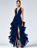 Robe longue formelle noire à col en V avec fente