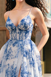 Corset de fleurs bleu blanc Une Robe De Soirée ligne avec fente