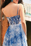 Corset de fleurs bleu blanc Une Robe De Soirée ligne avec fente
