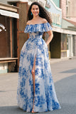 Robe De Soirée à fleurs bleues blanches à épaules dénudées avec fente