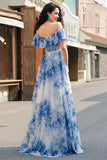 Robe De Soirée à fleurs bleues blanches à épaules dénudées avec fente