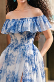 Robe De Soirée à fleurs bleues blanches à épaules dénudées avec fente