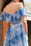 Robe De Soirée à fleurs bleues blanches à épaules dénudées avec fente