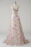 Robe De Soirée florale à bretelles spaghetti rose à bretelles avec paillettes