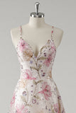Robe De Soirée florale à bretelles spaghetti rose à bretelles avec paillettes