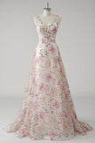Robe De Soirée à col en V floral rose scintillant