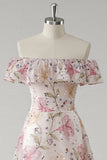 Robe De Soirée fleurie rose à épaules dénudées avec paillettes