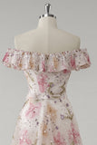 Robe De Soirée fleurie rose à épaules dénudées avec paillettes