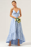 Bleu Une ligne florale spaghetti bretelles robe longue de demoiselle d’honneur