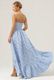 Bleu Une ligne florale spaghetti bretelles robe longue de demoiselle d’honneur