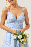 Bleu Une ligne florale spaghetti bretelles robe longue de demoiselle d’honneur