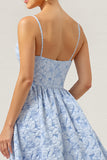 Bleu Une ligne florale spaghetti bretelles robe longue de demoiselle d’honneur