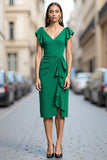 Robe de travail midi moulante en V froncée en satin vert avec drapé