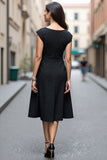 A Line Robe de travail midi à col en V noir à manches courtes