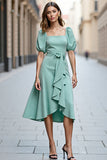 Robe de travail midi en satin vert menthe à volants A Line