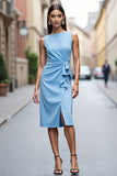 Robe de travail moulante moulante froncée bleu ciel avec drapé
