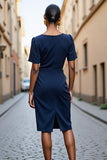 Robe de travail midi moulante à col carré bleu marine à manches courtes