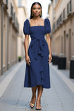 Robe de travail midi à col carré vert menthe avec volants