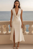 Robe de travail midi à revers châle en satin ivoire avec fente