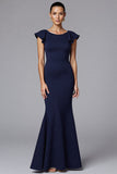 Robe longue formelle à col rond sirène bleu marine avec volants