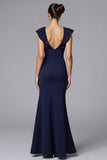 Robe longue formelle à col rond sirène bleu marine avec volants