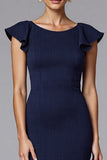 Robe longue formelle à col rond sirène bleu marine avec volants