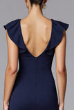 Robe longue formelle à col rond sirène bleu marine avec volants