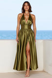 Satin olive Col V profond Une robe formelle ligne avec fente